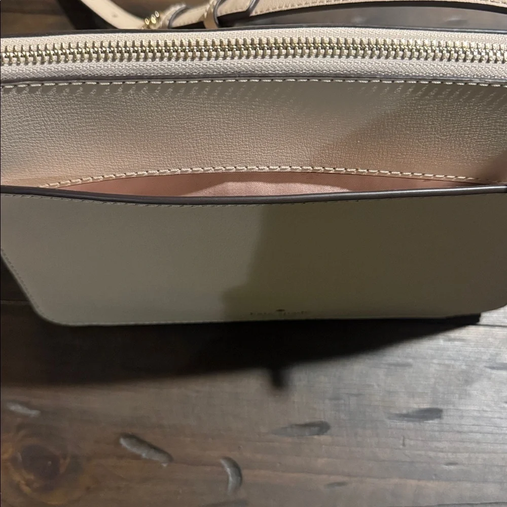 kate spade Warm Beige Leather Medium Top Zip Crossbody with Gold Heart Charm